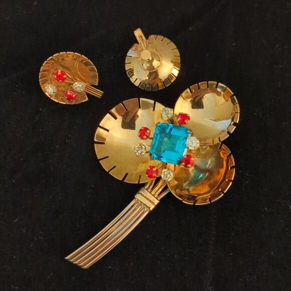 Demi-parure 1940s Gold Vermeil Over Sterling Rhinestone Brooch & Earring Set - Picture 1 of 12